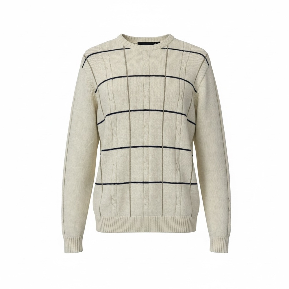 Bill Blass Men's size Large Cream and Black Grid Crew neck knit Sweater